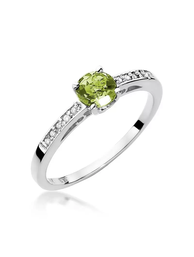 Ring 14kt Gold with Olivine 0.60 ct and 10 Diamonds 0.05 ct