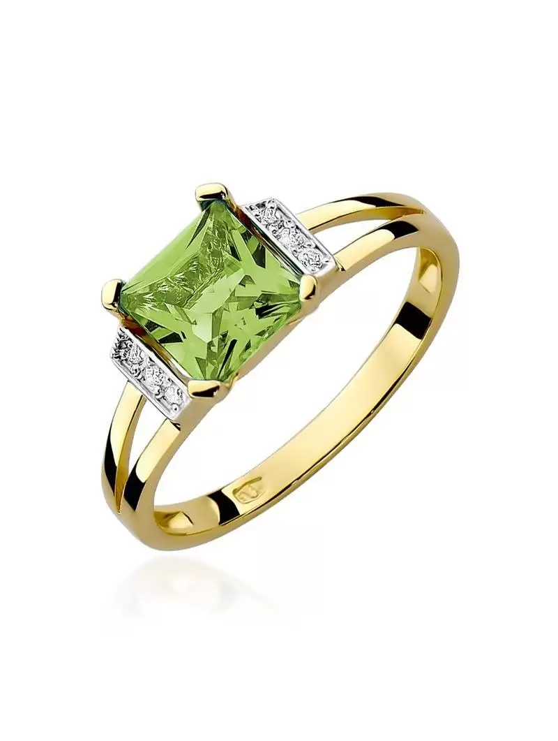 Ring In 14kt Gold with Olivine 1,10 ct and 6 Diamonds 0,03 ct